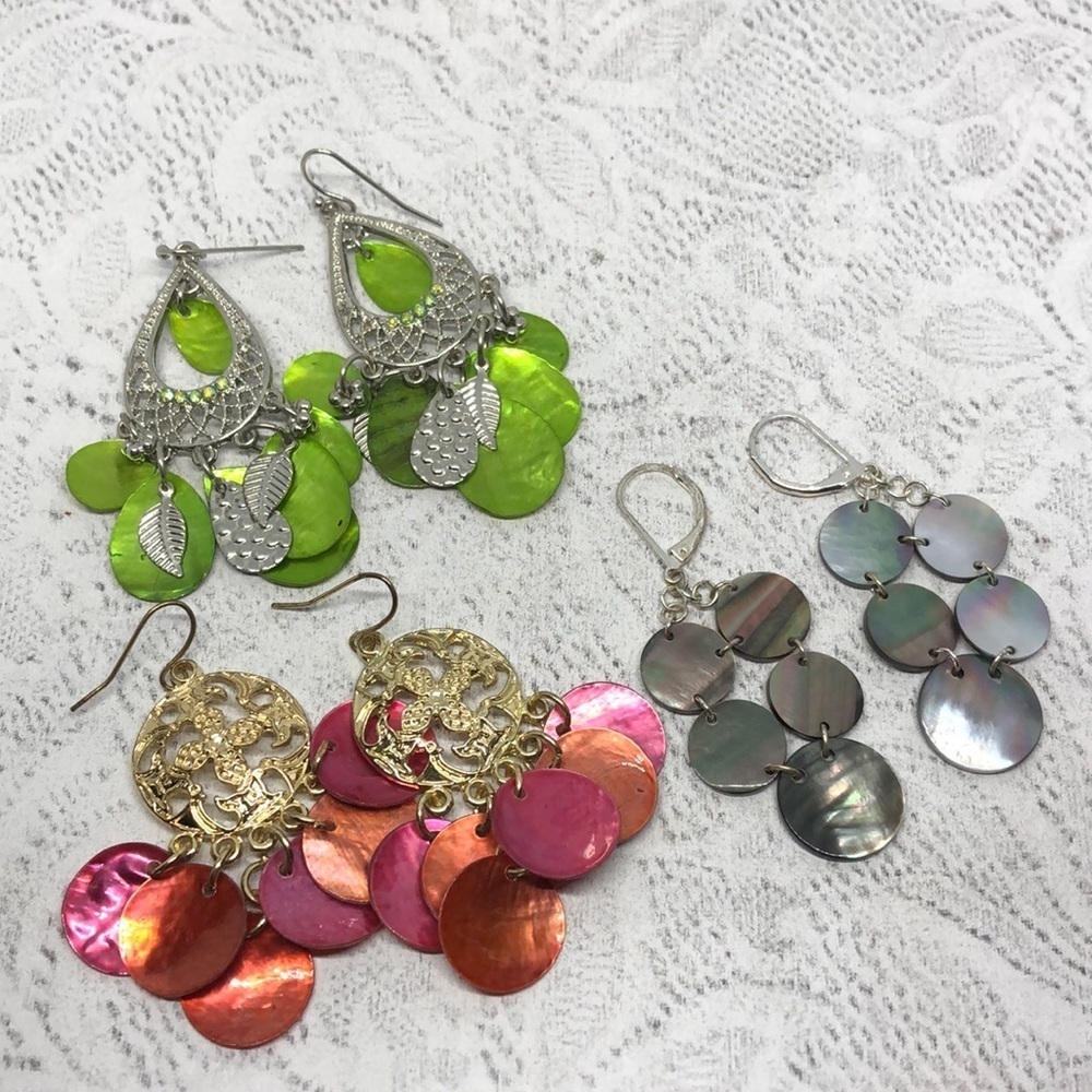 Bundle Lot 3 Shell + Abalone Bead Earrings Coastal Beach Boho Colorful Dangle.
